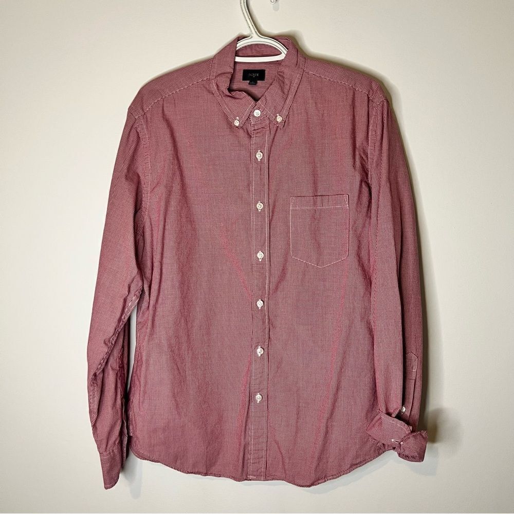 J.Crew Factory Mens Button Down Long Sleeve Dress Shirt Red Checkered Large (L)